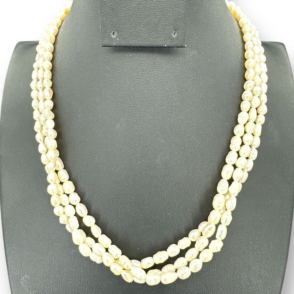 Three Strands Genuine Pearl Womens Necklace with Lobster Claw Clasp